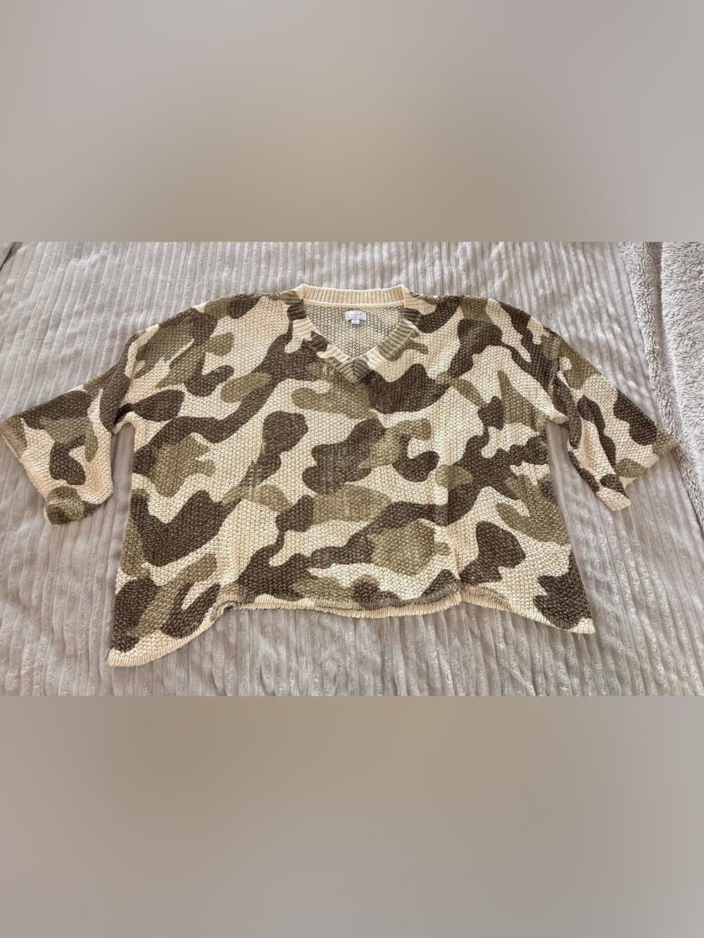 Mud Pie Camo V-Neck Sweater in Cream and Brown